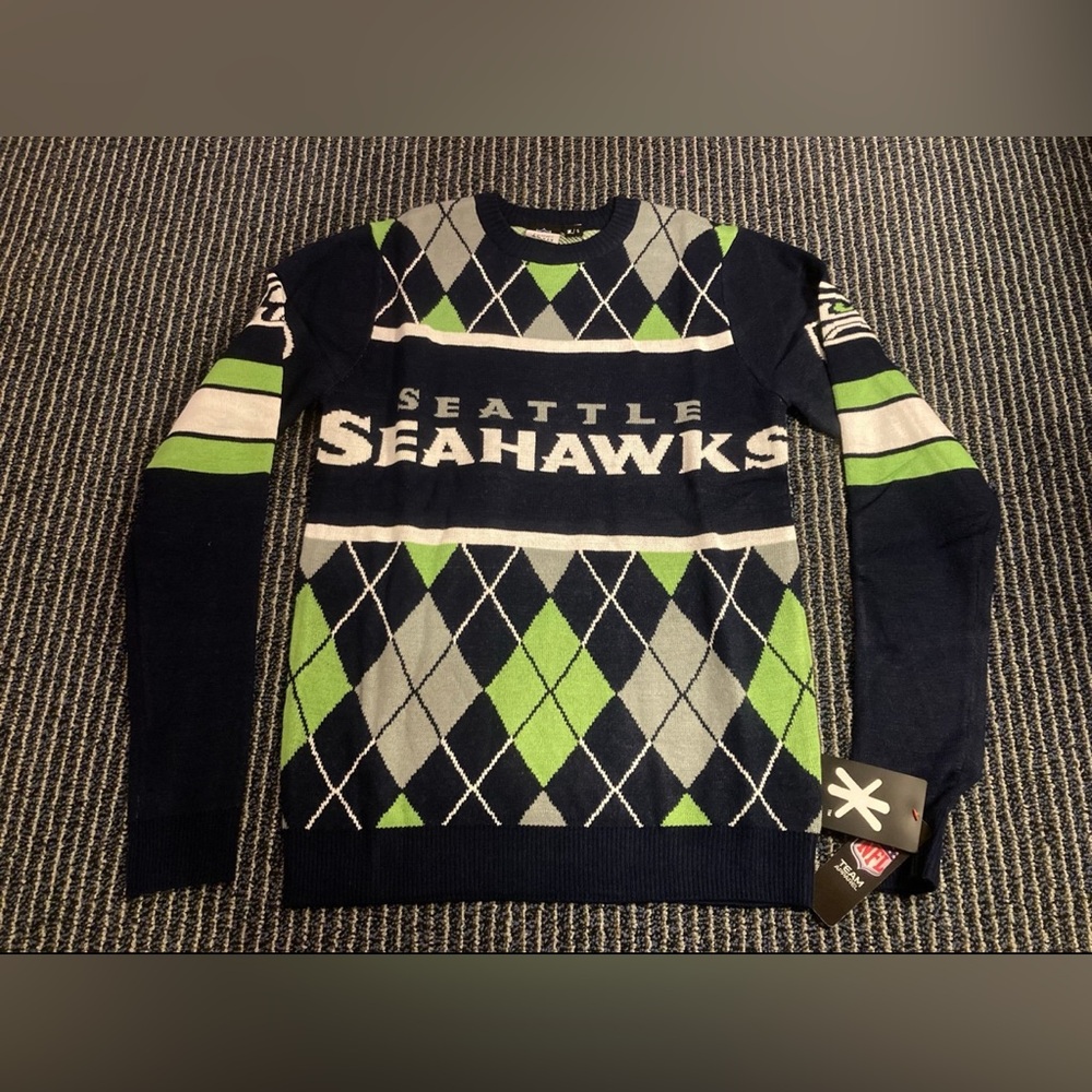 NWT Small Seattle Seahawks NFL Argyle Crew Neck Ugly Xmas Christmas Sweater Blue